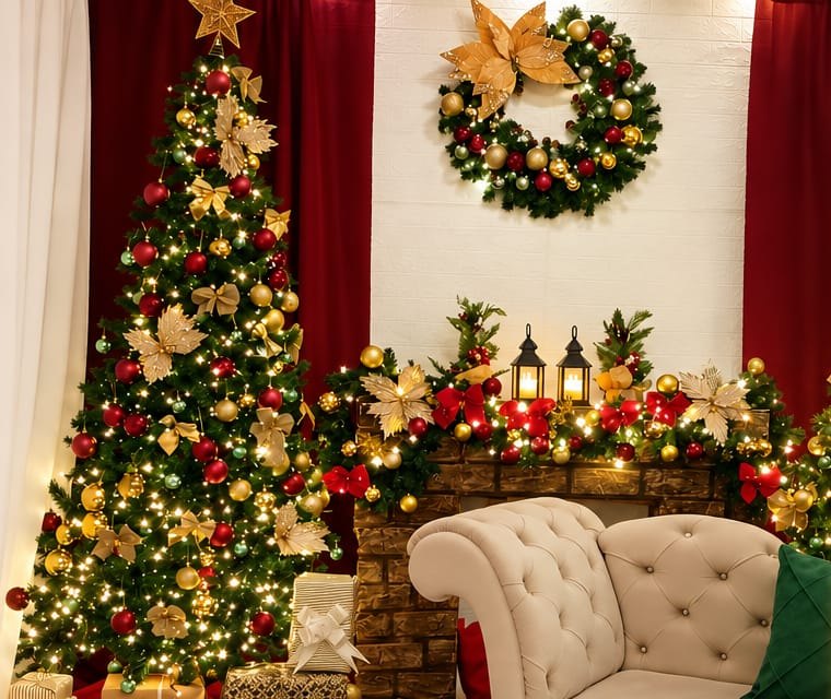 Detalhe do cenário: árvore de Natal com luzes, lareira com lanternas e guirlanda